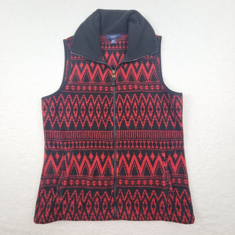 Chaps Ralph Lauren Southwest Aztec Fleece Vest Womens Medium M Red Black Zipper